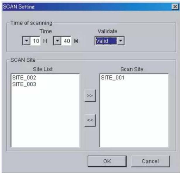 SCAN Setting Time of scanning Time 10 H 40 M Validate Valid SCAN Site Site List SITE_002 SITE_003 Scan Site SITE_001 OK Cancel