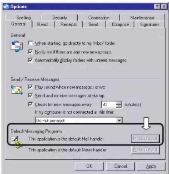 Options Scelling Security Connection Maintenance General Read Receipts Send Compose Signatures General When starting, go directly to my 'Inbox' folder Notify me if there are any new new groups Automatically display folders with unread messages Send / Receive Messages Play sound when new messages arrive Send and receive messages at startup Check for new messages every 30 minute(s) If my computer is not connected at this time: Do not connect Default Messaging Programs This application is the default Mail handler Make Default This application is the default News handler Make Default OK Cancel Apply