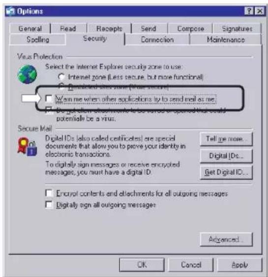 Options General Read Receipts Send Compose Signatures Spelling Security Connection Maintenance Virus Protection Select the Internet Explores security zone to use: Internet zone (Less secure, but more functional) Restricted sites zone (more secure) When me when other applications try to send mail as me. Do not allow additional files to be forced or opened that could potentially be a virus. Secure Mail Digital IDs (also called certificates) are special documents that allow you to prove your identity in electronic transactions. To digitally sign messages or receive encrypted messages, you must have a digital ID. Tell me more. Digital IDs... Get Digital ID... Encrypt contents and attachments for all outgoing messages Digitally sign all outgoing messages Advanced... OK Cancel Apply