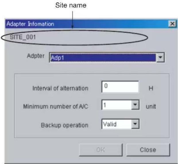 Site name Adapter Information SITE_001 Adapter Adp1 Interval of alternation 0 H Minimum number of A/C 1 unit Backup operation Valid OK Close