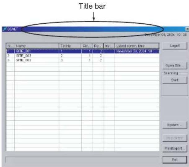 Title bar ONET Date: 08.2004 10:36 N. Name T# No Rn.. R# . Mat. Latest term time 1 SITE_001 1 1 2 November 29, 2004.18 2 SITE_002 2 1 2 3 SITE_003 3 1 2 Lagell Open File... Scanning Start System... PrintExport... Exit