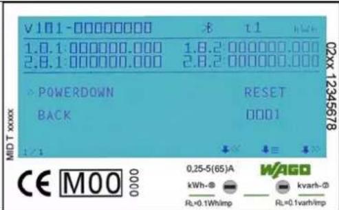 V101-00000000 1.0.1:000000.000 2.8.1:000000.000 POWERDOWN BACK RESET 0001 1/1 MID T xxxxx CE M00 0000 0,25-5(65)A kWh-Φ RL=0.1WhImp WAGO kvarh-Φ RL=0.1varhImp 02x 12345678