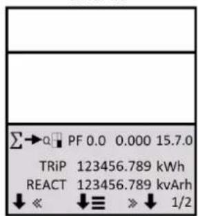 Σ→αPF 0.0 0.000 15.7.0 TRiP 123456.789 kWh REACT 123456.789 kvArh ↓ ≪ ↓ ≫ ↓ 1/2