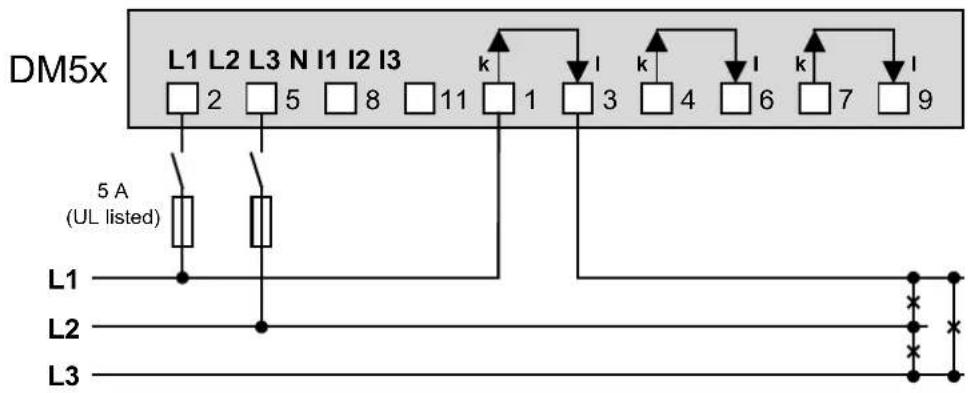 Camille Bauer SINEAX DM5F - Dreileiter-Drehstromnetz, gleichbelastet, Kunstschaltung (nicht möglich bei DM5F) Strommessung L1, Spannungsmessung L1-L2 - 1