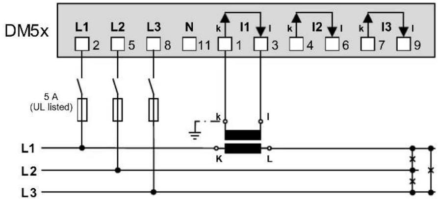 Camille Bauer SINEAX DM5F - Dreileiter-Drehstromnetz, gleichbelastet, Strommessung L1 - 2