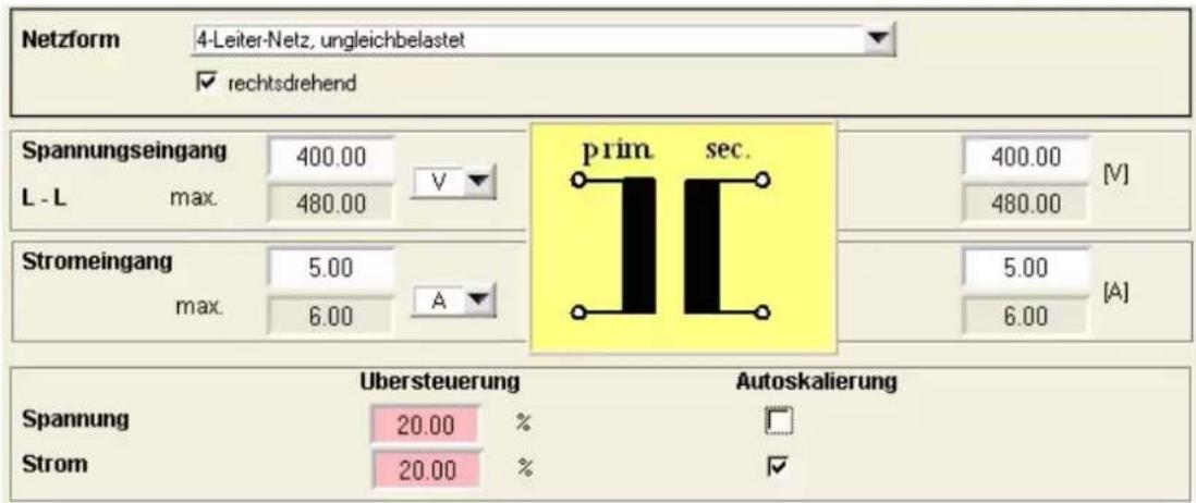 Netzform 4-Leiter-Netz, ungleichbelastet rechtsdrehend Spannungseingang 400.00 L - L max. 480.00 V Stromeingang 5.00 max. 6.00 A prim sec. 400.00 [V] 480.00 5.00 [A] 6.00 Übersteuerung Autoskalierung Spannung 20.00 % Strom 20.00 %
