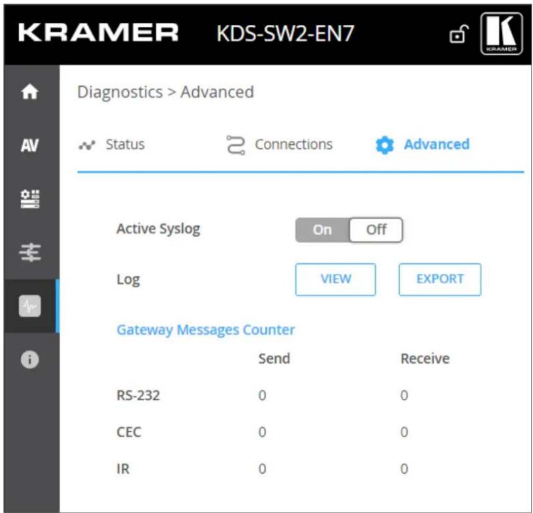 KRAMER KDS-SW2-EN7 Diagnostics > Advanced Status Connections Advanced Active Syslog On Off Log VIEW EXPORT Gateway Messages Counter Send Receive RS-232 0 0 CEC 0 0 IR 0 0
