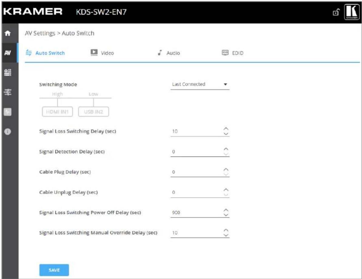 KRAMER KDS-SW2-EN7 AV Settings > Auto Switch Auto Switch Video Audio EDID Switching Mode Last Connected High Low HDMI IN1 USB IN2 Signal Loss Switching Delay (sec) 10 Signal Detection Delay (sec) 0 Cable Plug Delay (sec) 0 Cable Unplug Delay (sec) 0 Signal Loss Switching Power Off Delay (sec) 900 Signal Loss Switching Manual Override Delay (sec) 10 SAVE
