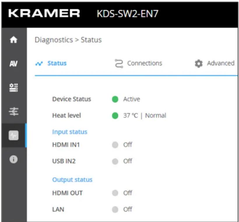 KRAMER KDS-SW2-EN7 Diagnostics > Status Status Connections Advanced Device Status ● Active Heat level ● 37 °C | Normal Input status HDMI IN1 ● Off USB IN2 ● Off Output status HDMI OUT ● Off LAN ● Off