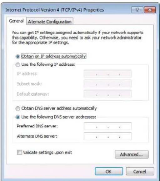 Internet Protocol Version 4 (TCP/IPv4) Properties General Alternate Configuration You can get IP settings assigned automatically if your network supports this capability. Otherwise, you need to ask your network administrator for the appropriate IP settings. Obtain on IP address automatically Use the following IP address: IP address: . Subnet mask: . Default gateway: . Obtain DNS server address automatically Use the following DNS server addresses: Preferred DNS server: . Alternate DNS server: . Validate settings upon exit Advanced... OK Cancel