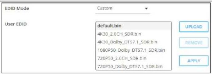 EDID Mode Custom User EDID default.bin 4K30_2.0CH_SDR.bin 4K30_Dolby_DTS7.1_SDR.bin 1080P50_Dolby_DTS7.1_SDR.bin 720P50_2.0CH_SDR.bin 720P50_Dolby_DTS7.1_SDR.bin UPLOAD REMOVE APPLY