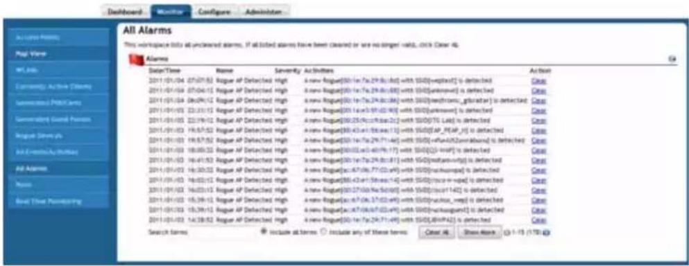 All Alarms This workplace data is all cleaned alarms. If all listed alarms have been cleaned or are no longer valids, click Clear 46. Alarms Date/Time Name Severity Activities Action 2011-01-04 07:09:52 Rogue AP Detected High a new Rogue[30:16:7a:29:8c:16] with [50]o=neutral] is detected Case 2011-01-04 07:04:12 Rogue AP Detected High a new Rogue[30:16:7a:29:8c:18] with [50]o=neutral] is detected Case 2011-01-04 06:04:12 Rogue AP Detected High a new Rogue[30:16:7a:29:8c:18] with [50]o=neutral; g_pudar] is detected Case 2011-01-03 22:33:12 Rogue AP Detected High a new Rogue[30:16:5a:9b:22:9c] with [50]o=neutral] is detected Case 2011-01-03 22:39:12 Rogue AP Detected High a new Rogue[30:25:4a:18:2a:2c] with [50]o=TTG_Lak] is detected Case 2011-01-03 18:57:52 Rogue AP Detected High a new Rogue[30:43:4a:18:5w:13] with [50]o=neutral; g_pudar] is detected Case 2011-01-03 18:57:52 Rogue AP Detected High a new Rogue[30:43:4a:18:5w:13] with [50]o=neutral; g_pudar] is detected Case 2011-01-03 18:00:32 Rogue AP Detected High a new Rogue[30:43:4a:18:5w:17] with [50]o=neutral] is detected Case 2011-01-03 18:41:52 Rogue AP Detected High a new Rogue[30:43:4a:18:5w:17] with [50]o=neutral; g_pudar] is detected Case 2011-01-03 18:30:32 Rogue AP Detected High a new Rogue[a:c:47b:7f:7(2a:c)] with [50]o=nucleus; p) is detected Case 2011-01-03 18:42:12 Rogue AP Detected High a new Rogue[30:43:4a:18:5w:14] with [50]o=nucleus; p) is detected Case 2011-01-03 18:42:12 Rogue AP Detected High a new Rogue[30:43:4a:18:5w:18] with [50]o=nucleus; p) is detected Case 2011-01-03 15:39:12 Rogue AP Detected High a new Rogue[a:c:47b:7f:7(2a:c)] with [50]o=nucleus; p) is detected Case 2011-01-03 15:39:12 Rogue AP Detected High a new Rogue[a:c:47b:7f:7(2a:c)] with [50]o=nucleus; p) is detected Case 2011-01-03 14:38:52 Rogue AP Detected High a new Rogue[30:43:4a:18:5w:14] with [50]o=neutral; g_pudar] is detected Case Search terms include all terms Include any of these terms Color # Share Mask C-1-15 (TTO A)
