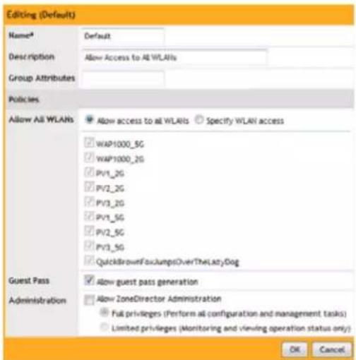 Editing (Default) Name# Default Description Allow Access to all WLANs Group Attributes Policies Allow All WLANs Allow access to all WLANs Specify WLAN access WAP1000_5G WAP1000_2G PV1_2G PV2_2G PV3_2G PV4_2G PV5_2G PV6_2G PV7_2G PV8_2G PV9_2G QuickBrownFocuslumpsOverTheLazyDog Guest Pass Allow guest pass generation Administration Allow ZoneDirector Administration Full privileges (Perform all configuration and management tasks) Limited privileges (Monitoring and viewing operation status only) OK Cancel