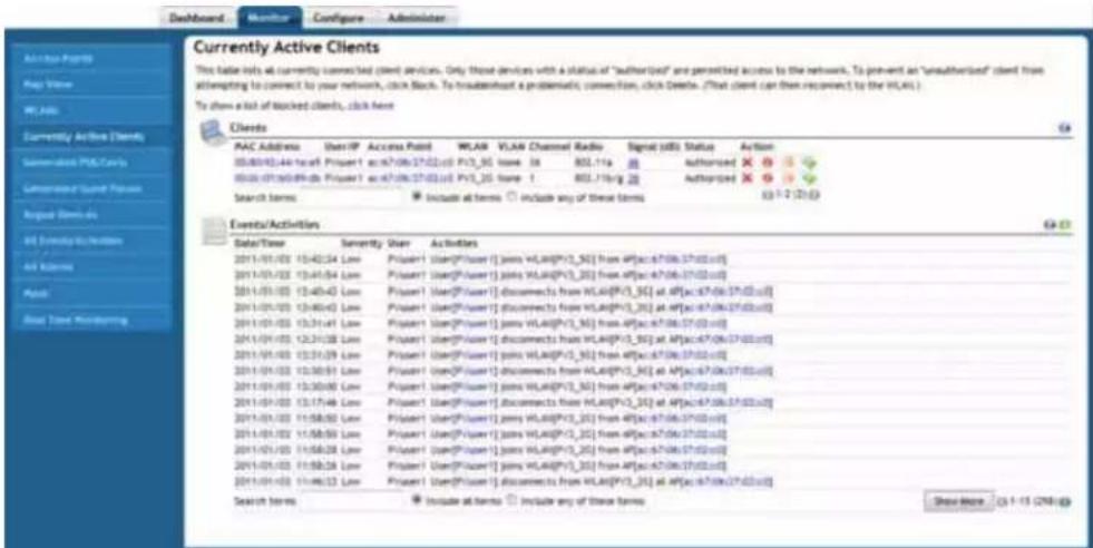 Currently Active Clients This table lists at currently connected client devices. Only those devices with a status of "authorized" are permitted access to the network. To prevent an "unauthorized" client from attempting to connect to your network, click Back. To troubleshoot a problematic connection, click Delete. (That client can then respond to the HLAL.) To show a list of blocked clients, click here Clients PAC Address User IP Access Point WLAR VLAN Channel Radio Signal (SIS) Status Action 05/01/02:44 Technical Project act:67063702.csi Pvt_3c issue 38 802.11a Authorised X W00:01:00:09:0b Project act:67063702.csi Pvt_3c issue 1 802.11b/g Authorised X Search terms Include all terms Include any of these terms (3-1-2 (2)) Events/Activities Date/Time Severity User Activities 2011/01/03 13:42:54 Low Power User(PUser) joins WLAI@P13_3G) from AP@ac#7063702.csi 2011/01/03 13:41:54 Low Power User(PUser) joins WLAI@P13_3G) from AP@ac#7063702.csi 2011/01/03 13:40:45 Low Power User(PUser) disconnects from WLAI@P13_3G) at AP@ac#7063702.csi 2011/01/03 13:40:40 Low Power User(PUser) disconnects from WLAI@P13_3G) at AP@ac#7063702.csi 2011/01/03 13:31:41 Low Power User(PUser) joins WLAI@P13_3G) from AP@ac#7063702.csi 2011/01/03 13:31:38 Low Power User(PUser) disconnects from WLAI@P13_3G) at AP@ac#7063702.csi 2011/01/03 13:31:29 Low Power User(PUser) joins WLAI@P13_3G) from AP@ac#7063702.csi 2011/01/03 13:30:51 Low Power User(PUser) disconnects from WLAI@P13_3G) at AP@ac#7063702.csi 2011/01/03 13:30:48 Low Power User(PUser) joins WLAI@P13_3G) from AP@ac#7063702.csi 2011/01/03 13:37:46 Low Power User(PUser) disconnects from WLAI@P13_3G) at AP@ac#7063702.csi 2011/01/03 11:58:50 Low Power User(PUser) joins WLAI@P13_3G) from AP@ac#7063702.csi 2011/01/03 11:58:59 Low Power User(PUser) joins WLAI@P13_3G) from AP@ac#7063702.csi 2011/01/03 11:58:58 Low Power User(PUser) joins WLAI@P13_3G) from AP@ac#7063702.csi 2011/01/03 11:58:58 Low Power User(PUser) joins WLAI@P13_3G) from AP@ac#7063702.csi 2011/01/03 11:48:52 Low Power User(PUser) disconnects from WLAI@P13_3G) at AP@ac#7063702.csi Search terms Include all terms Include any of these forms Show More (3-1-15 (2))