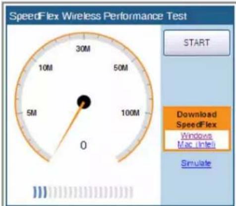 SpeedFlex Wireless Performance Test START 10M 50M 30M 5M 100M 0 Download SpeedFlex Windows Mac Intel Simulate