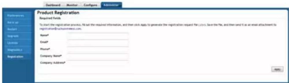Product Registration Required fields To start the registration process, Fil out the required information, and then click Apply to generate the registration request file (LPS). Save the file, and then send it as an email attachment to registration@ruchunwiness.com. Name* Email* Phone* Company Name* Company Address*