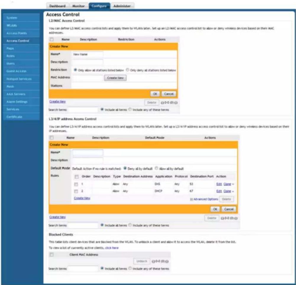 Dashboard Monitor Configure Administrator System WLALS Access Points Access Control Pages Rolls Users Guest Accounts Hotsgust Services Mesh AAA Servers Alarm Settings Services Certificate Access Control L2/MAC Access Control You can define L2/MAC access control lists and apply them to WLALS later. Set up an L2/MAC access control list to allow or deny wireless devices based on their MAC addresses. Name Description Restriction Actions Create New Name* New Name Description Restriction Only allow all stations listed below Only deny all stations listed below MAC Address Create new Stations OK Cancel Create New Delete 0-0 (0) Search terms Include all terms Include any of these terms L3/4/IP address Access Control You can define L3/4/IP address access control lists and apply them to WLALS later. Set up a L3/4/IP address access control list to allow or deny wireless devices based on their IP addresses. Name Description Default Mode Actions Create New Name* Description Default Mode Default Action if no rule is matched: Deny all by default Allow all by default Rules Order Description Type Destination Address Application Protocol Destination Port Action 1 Allow Any DH5 Any 53 Edit Close = 2 Allow Any DHCP Any 67 Edit Close = Create New Advanced Options Delete OK Cancel Create New Delete 0-0 (0) Search terms Include all terms Include any of these terms Blocked Clients This table lists client devices that are blocked from the WLALS. To unlock a client and allow it to access the WLALS, delete it from the list. To view a lot of currently active clients, click here. Client MAC Address Unlock: 0-0 (0) Search terms: Include all terms Include any of these terms