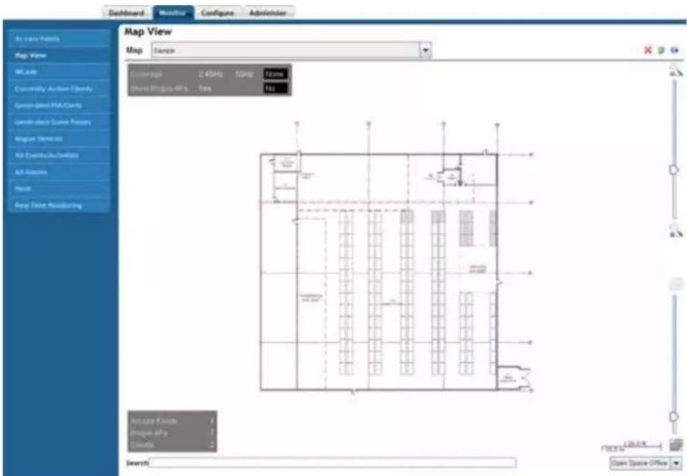 Dashboard Monitor Configure Administrator Map View Map Sange Coverage: 2.45㎡ 10㎡ 12mm Share Plogus APs - Type 193 Properties Form: Plogus APs Clients Search Open Space Office 120.00 PM FLOOR 120.00 PM Open Space Office