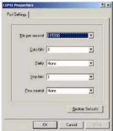 LIMI Properties Port Settings bits per second 11500 Quality bits 0 parity None stop bits 1 flow control None Browse Defaults OK Cancel