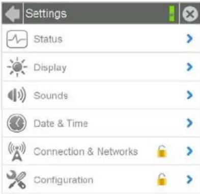 Settings Status Display Sounds Date & Time Connection & Networks Configuration