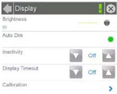 Display Brightness 90 Auto Dim Inactivity Off Display Timeout Off Calibration