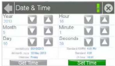 Date & Time Year 2013 Month 5 Day 10 Hour 16 Minute 1 Seconds 39 Send: 05/10/2013 4th month, yr/yr 10 May 2013 October, Friday Standard: 4.01 PM Standard: 4.01 25 Hour: 16:01 Get Time Set Time