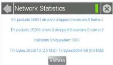 Network Statistics RX packets:36831 errors:0 dropped:0 overruns:0 frame:0 TX packets:25206 errors:0 dropped:0 overruns:0 carrier:0 collisions:0 obquaselen: 1000 RX bytes:2632610 (2.5 MB) TX bytes:6834789 (6.3 MB) Refresh