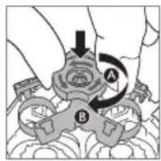 Diagram showing mechanical assembly with labeled parts A and B, indicating a turning or disassembly process.