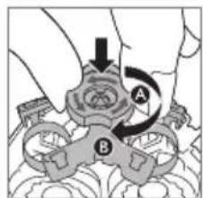 Diagram showing a hand holding a mechanical component with labeled parts A and B, indicating a rotation or assembly process.