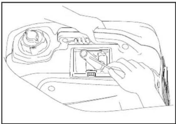 Line drawing of hands installing or adjusting a component on a car interior (no text or symbols)