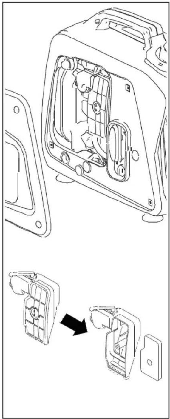 Technical line drawing of a device housing with internal components and a close-up view showing internal structure (no text or symbols)