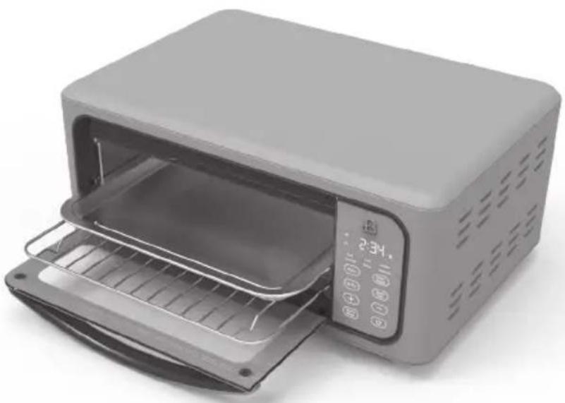 Exterior view of a modern microwave oven with open lid and control panel (no visible text or symbols)