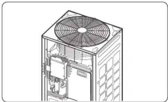 Technical line drawing of a server unit with visible fan and internal components (no text or symbols)