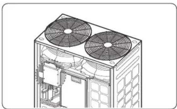 Technical line drawing of a multi-chamber HVAC unit with two fans and internal components (no text or symbols)