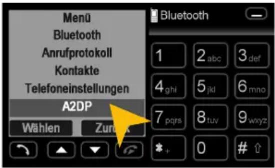 Menu Bluetooth Anrufprotokoll Kontakte Telefoneinstellungen A2DP Wählen Zurks Bluetooth 1 2 abc 3 def 4 ghi 5 jkl 6 mno 7 pqrs 8 tuv 9 wxyz *_ 0 ↑