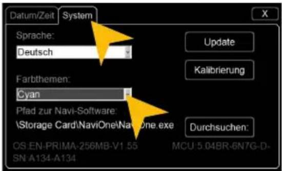Datum/Zeit System Sprache: Deutsch Farbthemen: Cyan Pfad zur Navi-Software: \Storage Card\naviOne\NaviOne.exe OS:EN-PRIMA-256MB-V1.55 MCU: 5.04BR-6N7G-D- SN:A134-A134 Update Kalibrierung Durchsuchen: