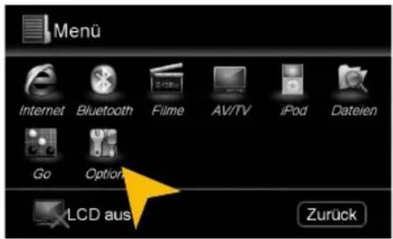 Menu Internet Bluetooth Filme AV/TV IPod Dateien Go Option LCD aus Zurück