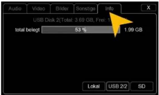 Audio Video Bilder Sonstige Info USB Disk 2(Total: 3.69 GB, Frei: 1.99 GB) total belegt 53 % 1.99 GB Lokai USB 2/2 SD