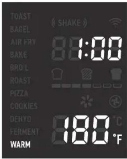 TOAST BAGEL AIR FRY BAKE BROIL ROAST PIZZA COOKIES DEHYD FERMENT WARM ( SHAKE ) 88:00 180 °C °F