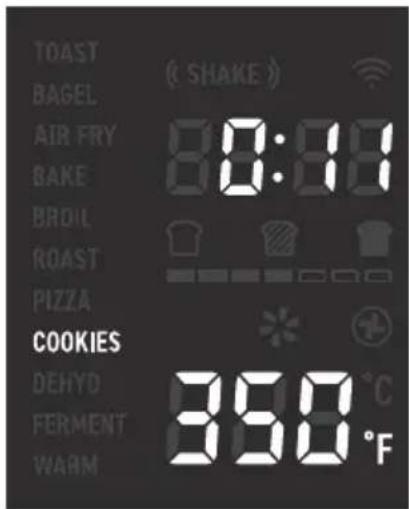 TOAST BAGEL AIR FRY BAKE BROIL ROAST PIZZA COOKIES DEHYD FERMENT WARM ( SHAKE ) 80:80 350 °C °F