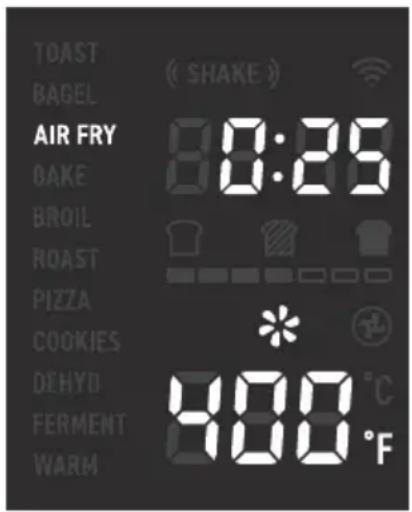 TOAST BAGEL AIR FRY OAKE BROIL ROAST PIZZA COOKIES DEHYD FERMENT WARM ( SHAKE ) 80:25 300 °C °F