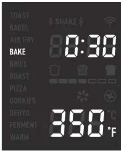 TOAST BAGEL AIR FRY BAKE BROIL ROAST PIZZA COOKIES DEHYD FERMENT WARM ( SHAKE ) 30:30 350 °C °F