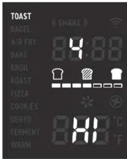 TOAST ( SHAKE ) BAGEL AIR FRY 84:88 BAKE BROIL ROAST PIZZA COOKIES DEHYD FERMENT WARM 830 °C °F