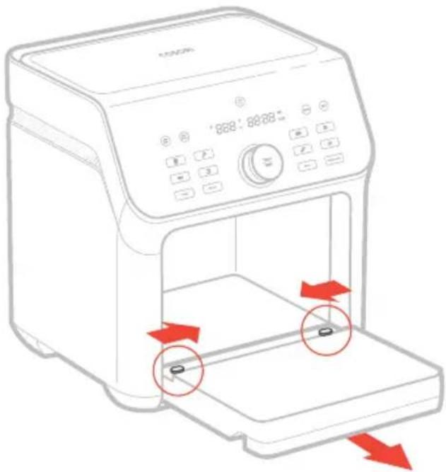 Diagram of a food microwave oven with red arrows indicating cooling or ventilation process, showing control panel and display screen.