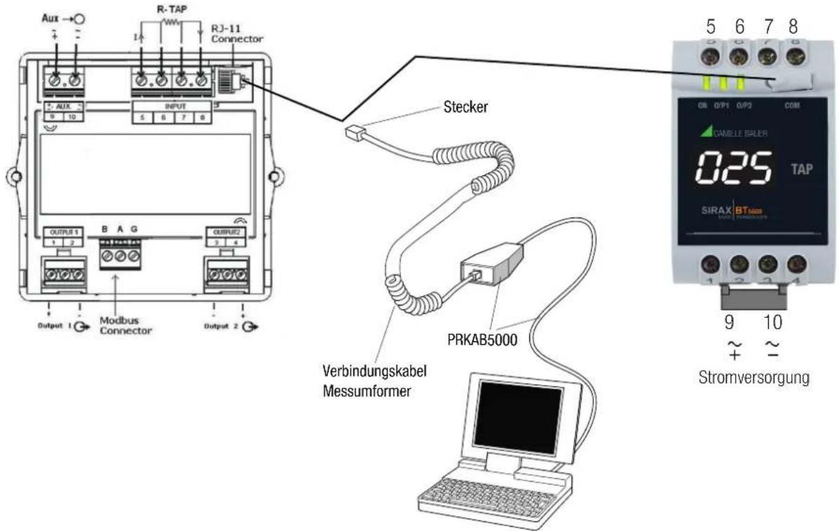 Aux → R-TAP RJ-11 Connector INPUT Stecker OUTPUT 1 B A G OUTPUT2 1 2 3 4 Output 1 Modbus Connector Output 2 PRKAB5000 Verbindungskabel Messumformer Stromversorgung 5 6 7 8 CB 0/P1 0/P2 COM CAMILLE SEALER 025 TAP SIRAX BT5000 9 10 ~ + ~