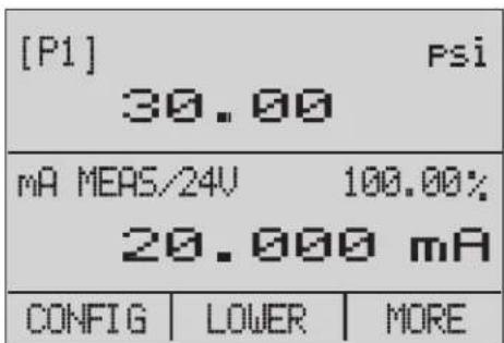 [P1] Psi 30.00 mA MEAS/24V 100.00% 20.000 mA CONFIG LOWER MORE