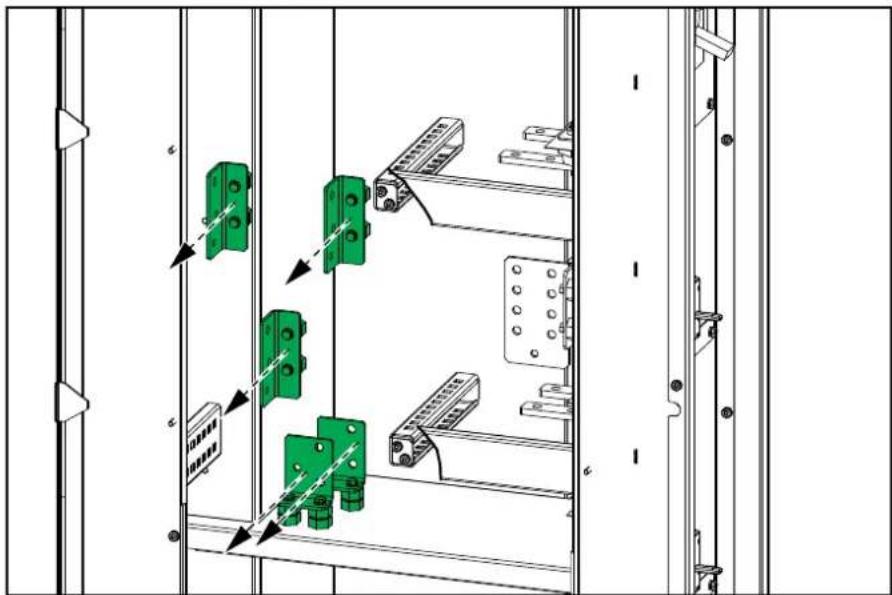 Technical diagram showing assembly or installation of green bracket components with directional arrows indicating movement or assembly.
