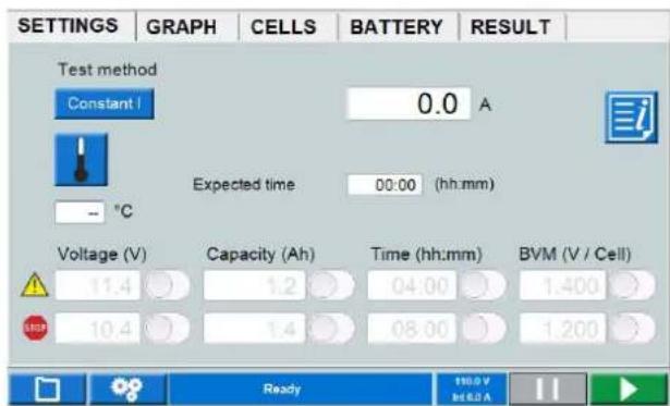 SETTINGS | GRAPH | CELLS | BATTERY | RESULT | Test method Constant 1 0.0 A Expected time 00:00 (hh:mm) - °C Voltage (V) Capacity (Ah) Time (hh:mm) BVM (V / Cell) 11.4 1.2 04.00 1.400 10.4 1.4 08.00 1.200 Ready 110.0 V BEQA