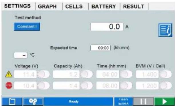 SETTINGS | GRAPH | CELLS | BATTERY | RESULT | Test method Constant I 0.0 A Expected time 00:00 (hh:mm) - °C Voltage (V) Capacity (Ah) Time (hh:mm) BVM (V / Cell) 11.4 1.2 04.00 1.400 10.4 1.4 08.00 1.200 Ready 1160 V 56.50 A