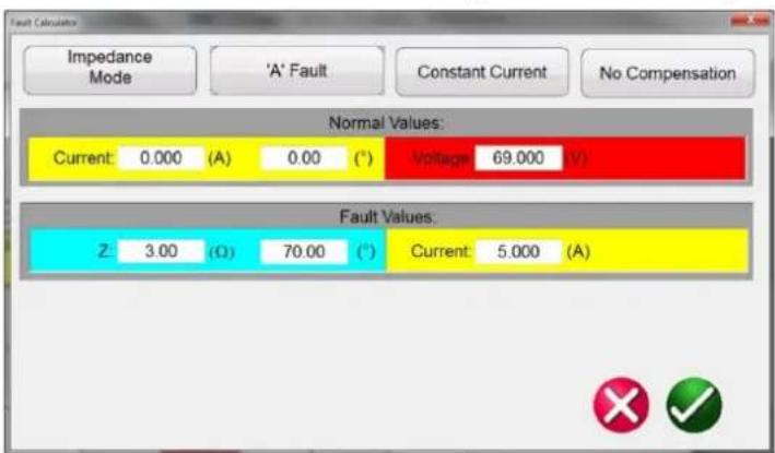 Impedance Mode 'A' Fault Constant Current No Compensation Normal Values: Current: 0.000 (A) 0.00 (°) Voltage: 69.000 (V) Fault Values: Z 3.00 (Ω) 70.00 (°) Current: 5.000 (A)
